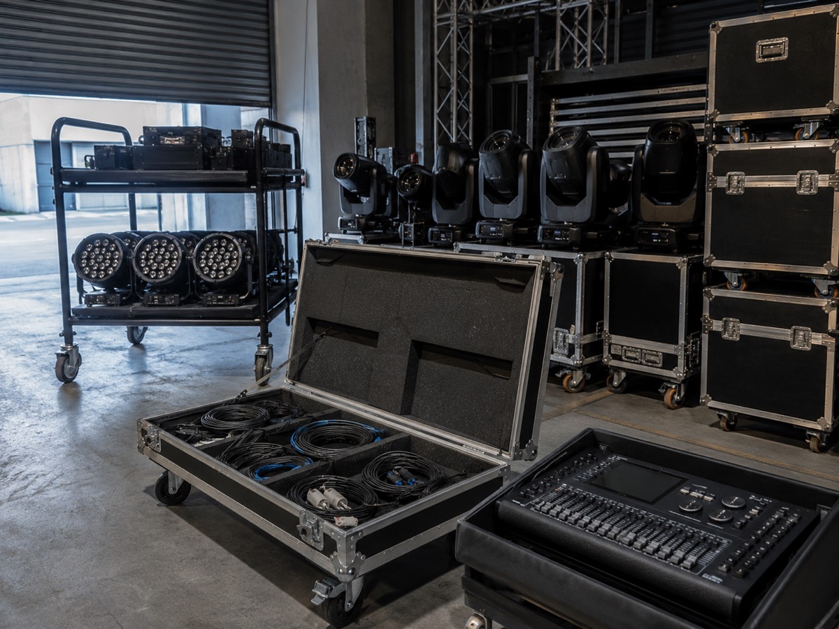 Lagerbereich mit gestapelten Flightcases, Moving Lights auf einem Rollwagen und einem Lichtpult