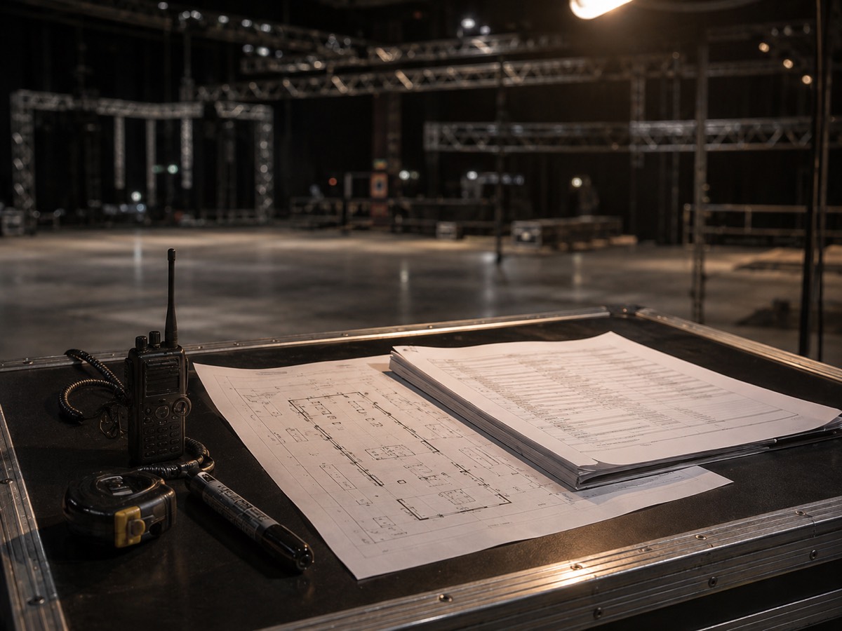 Bühnenplan und Ablaufplan auf einem Flightcase, daneben Funkgerät, Maßband und Stift, im Hintergrund Traversen in einer leeren Halle